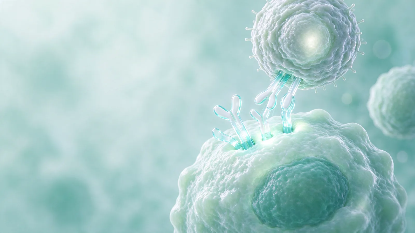 Concept image of round immune cells with small projections attaching to a larger cell against a green background