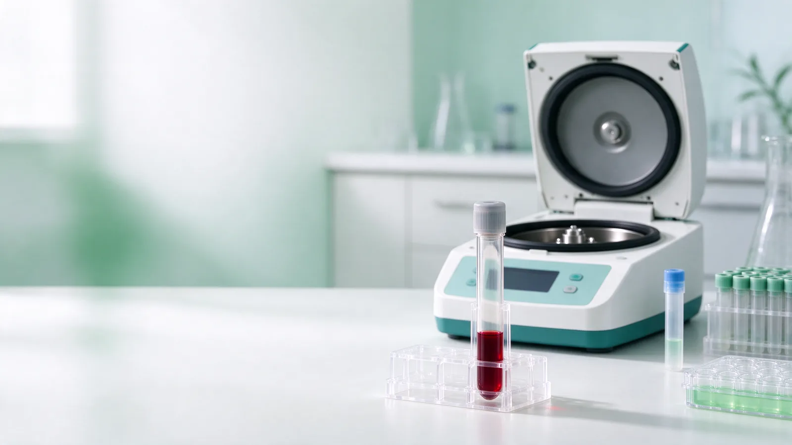 Concept image of a cell processing lab with a centrifuge, a test tube of blood and a tube rack on the bench