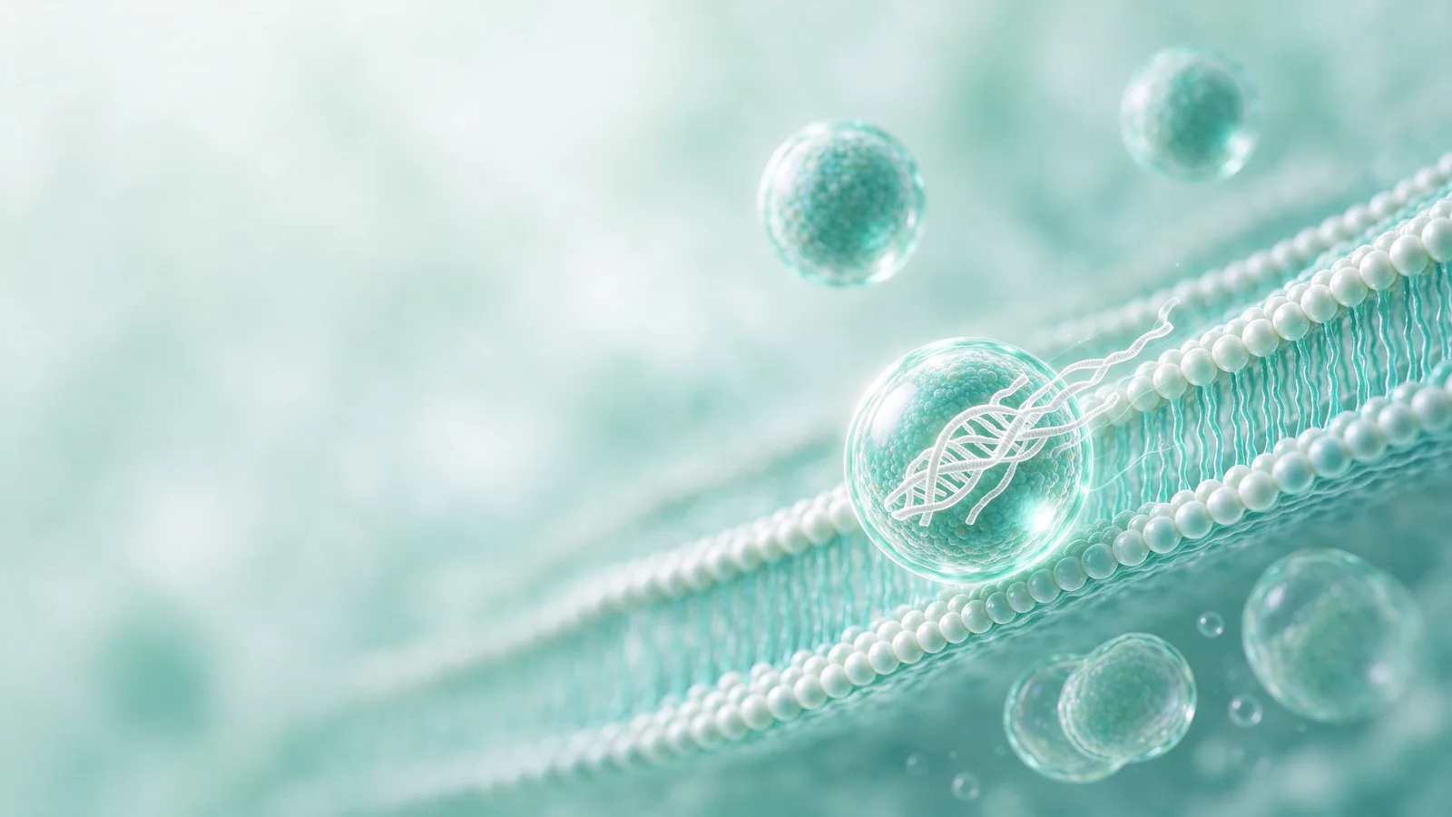 صورة مفاهيمية لكرة شفافة تحمل خيوط DNA تدخل غشاء خلية على خلفية فيروزية هادئة