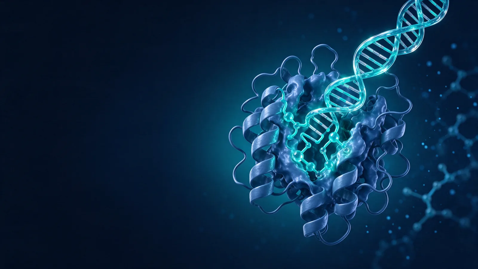 صورة مفاهيمية للولب DNA مزدوج وبنية بروتينية متوهجة على خلفية زرقاء خضراء داكنة