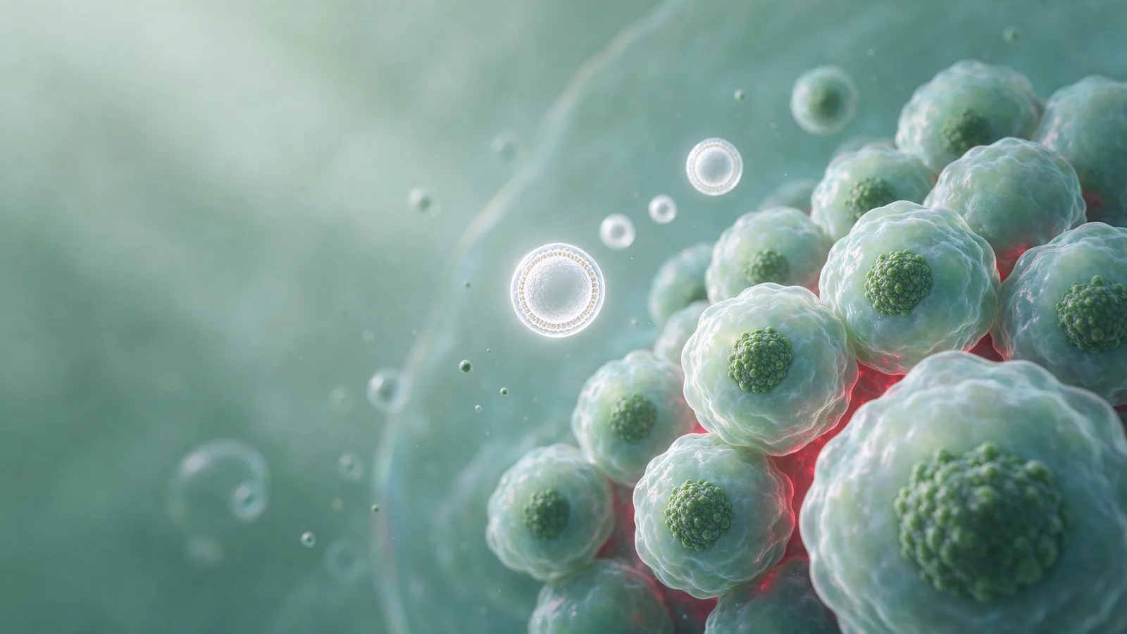 Concept image of round clusters of cells and small particles floating in green light