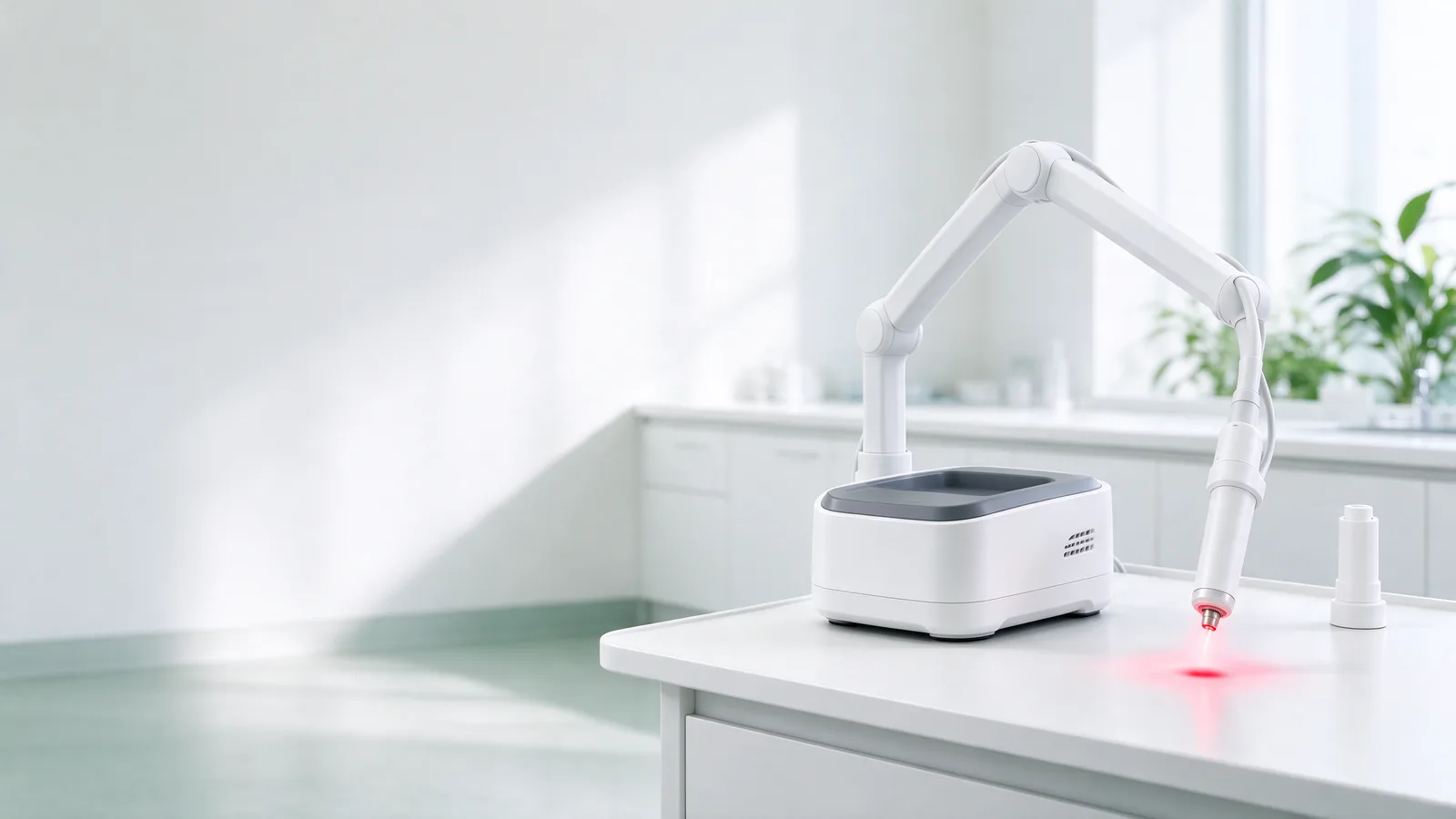 Concept image of a white laser device arm shining a red light spot onto a desk
