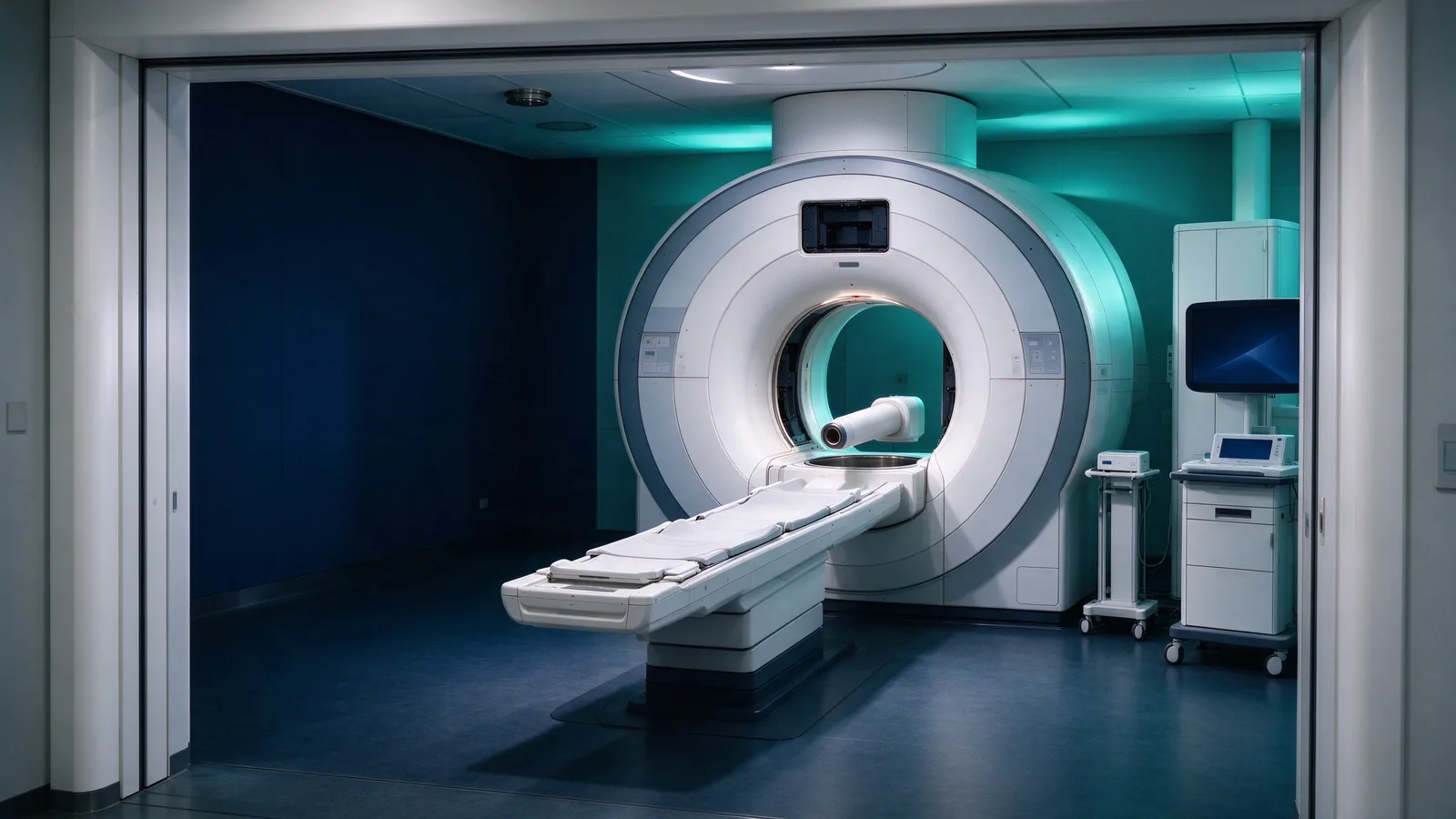 صورة مفاهيمية لجهاز علاج إشعاعي أسطواني وسرير علاج في غرفة علاج بلون أخضر مزرق خافت