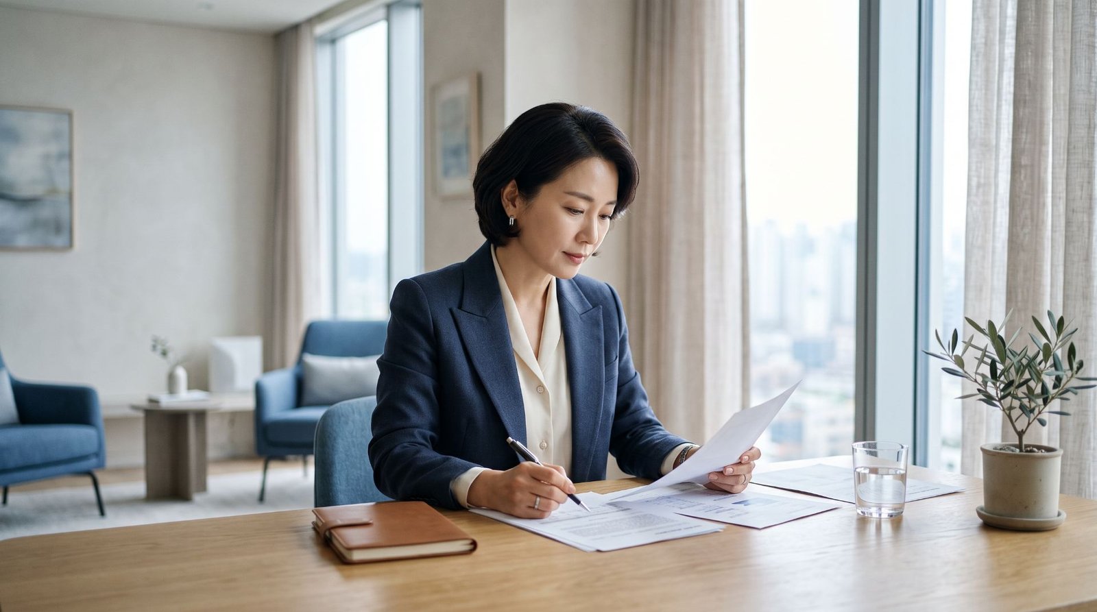 مشهد تمثيلي لامرأة تقرأ مستندات وتدوّن ملاحظات